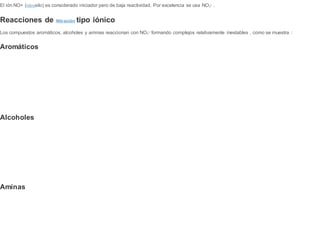 El ión NO+ (nitrosilo) es considerado iniciador pero de baja reactividad. Por excelencia se usa NO2
+
.
Reacciones de Nitración tipo iónico
Los compuestos aromáticos, alcoholes y aminas reaccionan con NO2
+
formando complejos relativamente inestables , como se muestra :
Aromáticos
Alcoholes
Aminas
 