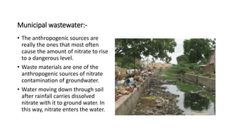 Municipal wastewater:-
• The anthropogenic sources are
really the ones that most often
cause the amount of nitrate to rise
to a dangerous level.
• Waste materials are one of the
anthropogenic sources of nitrate
contamination of groundwater.
• Water moving down through soil
after rainfall carries dissolved
nitrate with it to ground water. In
this way, nitrate enters the water.
 