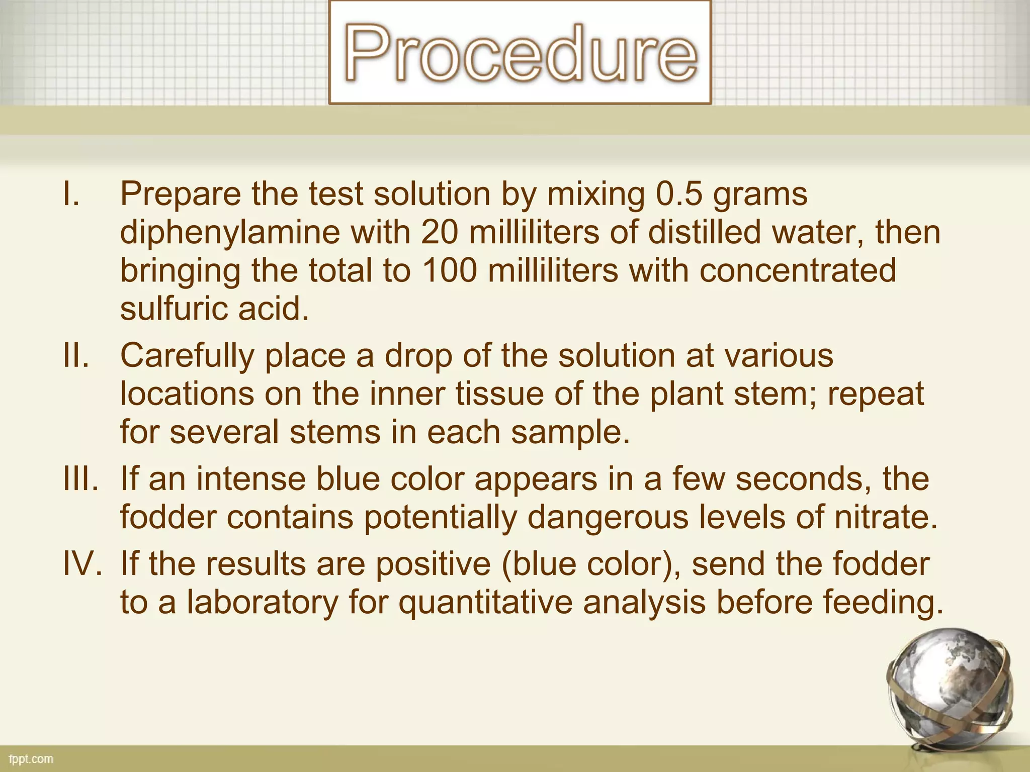 I. Prepare the test solution by mixing 0.5 grams
diphenylamine with 20 milliliters of distilled water, then
bringing the total to 100 milliliters with concentrated
sulfuric acid.
II. Carefully place a drop of the solution at various
locations on the inner tissue of the plant stem; repeat
for several stems in each sample.
III. If an intense blue color appears in a few seconds, the
fodder contains potentially dangerous levels of nitrate.
IV. If the results are positive (blue color), send the fodder
to a laboratory for quantitative analysis before feeding.
 