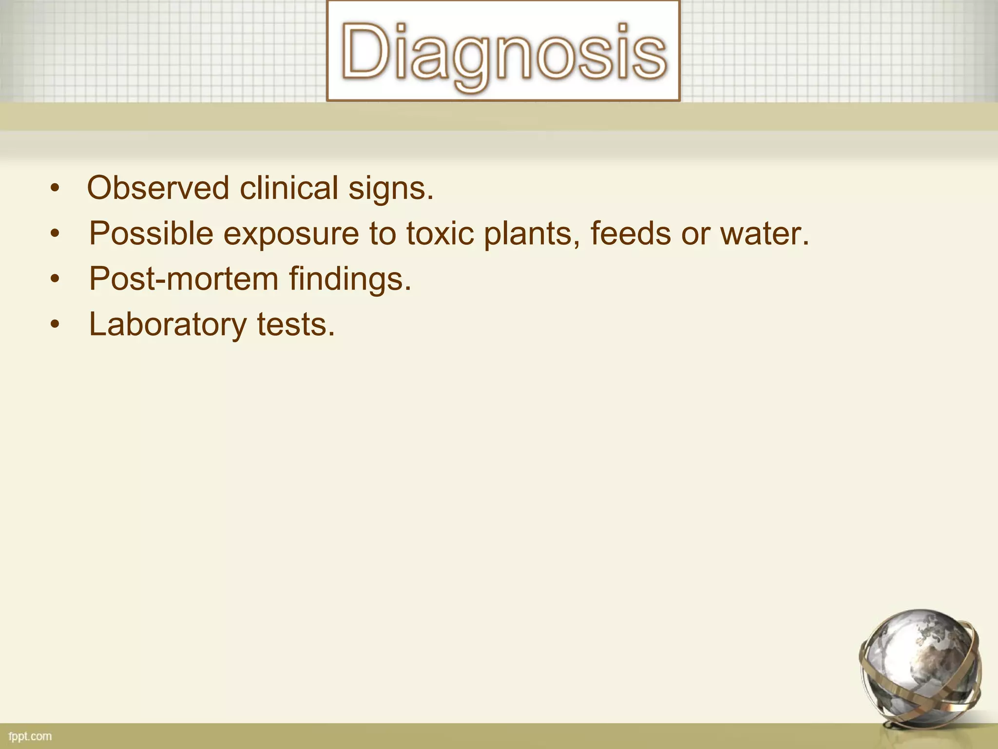 • Observed clinical signs.
• Possible exposure to toxic plants, feeds or water.
• Post-mortem findings.
• Laboratory tests.
 