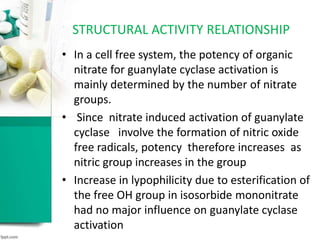 • In a cell free system, the potency of organic
nitrate for guanylate cyclase activation is
mainly determined by the number of nitrate
groups.
• Since nitrate induced activation of guanylate
cyclase involve the formation of nitric oxide
free radicals, potency therefore increases as
nitric group increases in the group
• Increase in lypophilicity due to esterification of
the free OH group in isosorbide mononitrate
had no major influence on guanylate cyclase
activation
STRUCTURAL ACTIVITY RELATIONSHIP
 