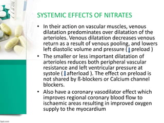 • In their action on vascular muscles, venous
dilatation predominates over dilatation of the
arterioles. Venous dilatation decreases venous
return as a result of venous pooling, and lowers
left diastolic volume and pressure ( preload )
• The smaller or less important dilatation of
arterioles reduces both peripheral vascular
resistance and left ventricular pressure at
systole ( afterload ). The effect on preload is
not shared by ß-blockers or Calcium channel
blockers.
• Also have a coronary vasodilator effect which
improves regional coronary blood flow to
ischaemic areas resulting in improved oxygen
supply to the myocardium
SYSTEMIC EFFECTS OF NITRATES
 