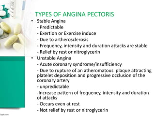 • Stable Angina
- Predictable
- Exertion or Exercise induce
- Due to artherosclerosis
- Frequency, intensity and duration attacks are stable
- Relief by rest or nitroglycerin
• Unstable Angina
- Acute coronary syndrome/insufficiency
- Due to rupture of an atheromatous plaque attracting
platelet deposition and progressive occlusion of the
coronary artery
- unpredictable
-Increase pattern of frequency, intensity and duration
of attacks
- Occurs even at rest
- Not relief by rest or nitroglycerin
TYPES OF ANGINA PECTORIS
 