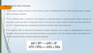Effect of Nitrous Acid on Nitrations.
 Nitrous acid or nitrogen dioxide in certain instances exerts an inhibiting effect and in other instances exerts a catalytic
effect on aromatic nitrations.
  The inhibiting effect is observed in the nitration of compounds having no activating groups. These reactions are
necessarily carried out either in strong nitric acid or in mixed acid. In these media the nitrous acid forms the nitrosyl
ion, NO+ which decreases the concentration of nitryl ions and thus reduces the reaction rate.
  The catalytic effect is observed in the nitration of reactive substrates such as anisole or dimethylaniline, which are
nitrated in relatively weak nitric acid where the nitryl ion concentration is low. The catalysis is due to the formation of a
nitroso compound which is oxidized to the nitro compound.
 