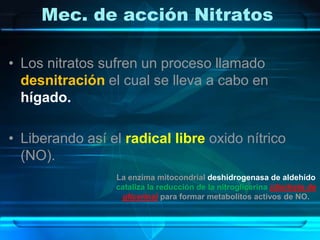 Mec. de acción Nitratos

• Los nitratos sufren un proceso llamado
  desnitración el cual se lleva a cabo en
  hígado.

• L...
