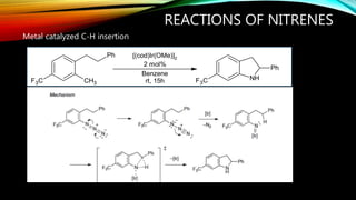 REACTIONS OF NITRENES
Metal catalyzed C-H insertion
Ph
CH3
F3C
[(cod)Ir(OMe)]2
2 mol%
Benzene
rt, 15h
Ph
NH
F3C
 