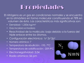 Propiedades El nitrógeno es un gas en condiciones normales y se encuentra en la atmósfera en forma molecular constituyendo el 78% en volumen de ésta. Las características más significativas son: Densidad: 1,2506 kg/m 3   Gas incoloro e inodoro Reactividad de la molécula: baja debido a la fuerza del triple enlace entre los átomos. Configuración electrónica: 1s 2  2s 2  2p 3 Número atómico: 7 Temperatura de ebullición: -195, 7ºC Temperatura de solidificación: -209,9ºC Electronegatividad: 3,04 Radio atómico: 56 pm 