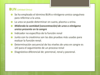 BUN (Utilidad Clínica)








Se ha empleado el término BUN o nitrógeno ureico sanguíneo
para referirse a la urea.
La urea se puede determinar en suero, plasma u orina.
Midiendo la cantidad (concentración) de urea o nitrógeno
ureico presente en la sangre
Indicador no específico de la función renal
Junto con la creatinina son las dos pruebas más usadas para
evaluar la función renal.
Determinación secuencial de los niveles de urea en sangre es
útil para el seguimiento de un proceso renal
Diagnóstico diferencial de: prerrenal, renal y posrenal.

 
