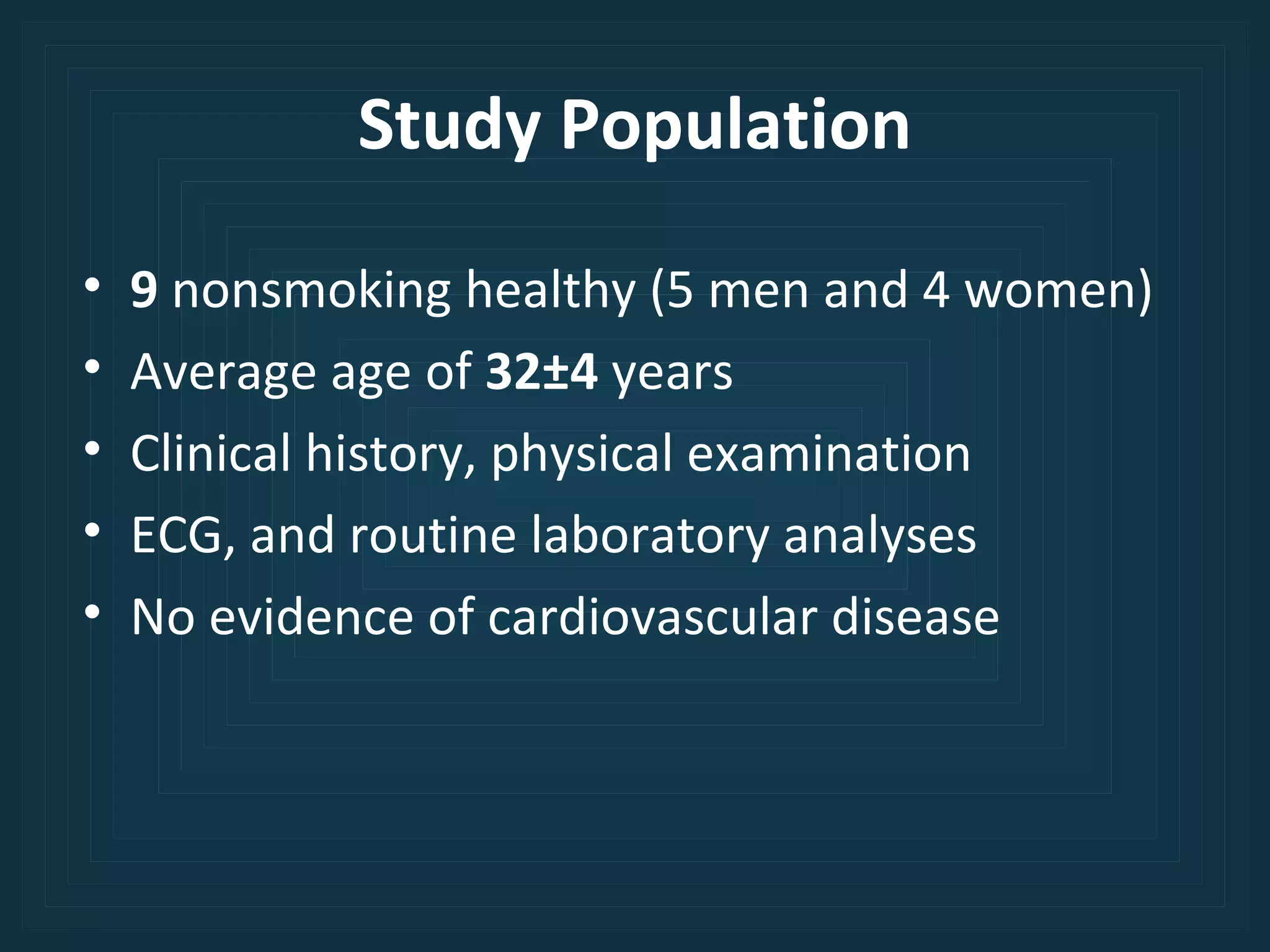 Study Population 9  nonsmoking healthy (5 men and 4 women) Average age of  32±4  years Clinical history, physical examination ECG, and routine laboratory analyses No evidence of cardiovascular disease 
