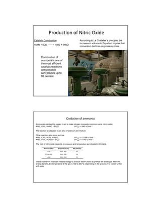 Production of Nitric Oxide
Catalytic Combustion
4NH3 + 5O2 4NO + 6H2O
According to Le Chatelier’s principle, the
increase in volume in Equation implies that
conversion declines as pressure rises
Combustion of
ammonia is one of
the most efficient
catalytic reactions
with possible
conversions up to
98 percent.
Oxidation of ammonia
Ammonia is oxidised by oxygen in air to make nitrogen monoxide (common name: nitric oxide),
4NH3 + 5O2  4NO + 6H2O ∆Ho
298 = −940 kJ mol−1
The reaction is catalysed by an alloy of platinum and rhodium.
Other reactions also occur such as
4NH3 + 3O2  2N2 + 6H2O ∆Ho
298 = −11268 kJ mol−1
4NH3 + 4O2  2N2O + 6H2O ∆Ho
298 = −1140 kJ mol−1
The yield of nitric oxide depends on pressure and temperature as indicated in the table.
These exothermic reactions release energy to produce steam and/or to preheat the waste gas. After this
energy transfer, the temperature of the gas is 100 to 200 oC, depending on the process. It is cooled further
with water.
Pressure (kPa) Temperature (oC) NO yield (%)
<170 810 - 850 97
170 to 650 850 - 900 96
>650 900 – 940 95
 