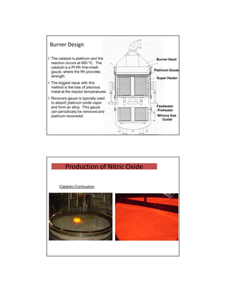 Burner Head
Platinum Gauze
Super Heater
Feedwater
Preheater
Nitrous Gas
Outlet
Burner Design
 The catalyst is platinum and the
reaction occurs at 900 oC. The
catalyst is a Pt-Rh fine-mesh
gauze, where the Rh provides
strength.
 The biggest issue with this
method is the loss of precious
metal at the reactor temperatures.
 Recovery gauze is typically used
to absorb platinum oxide vapor
and form an alloy. This gauze
can periodically be removed and
platinum recovered.
Production of Nitric Oxide
Catalytic Combustion
 
