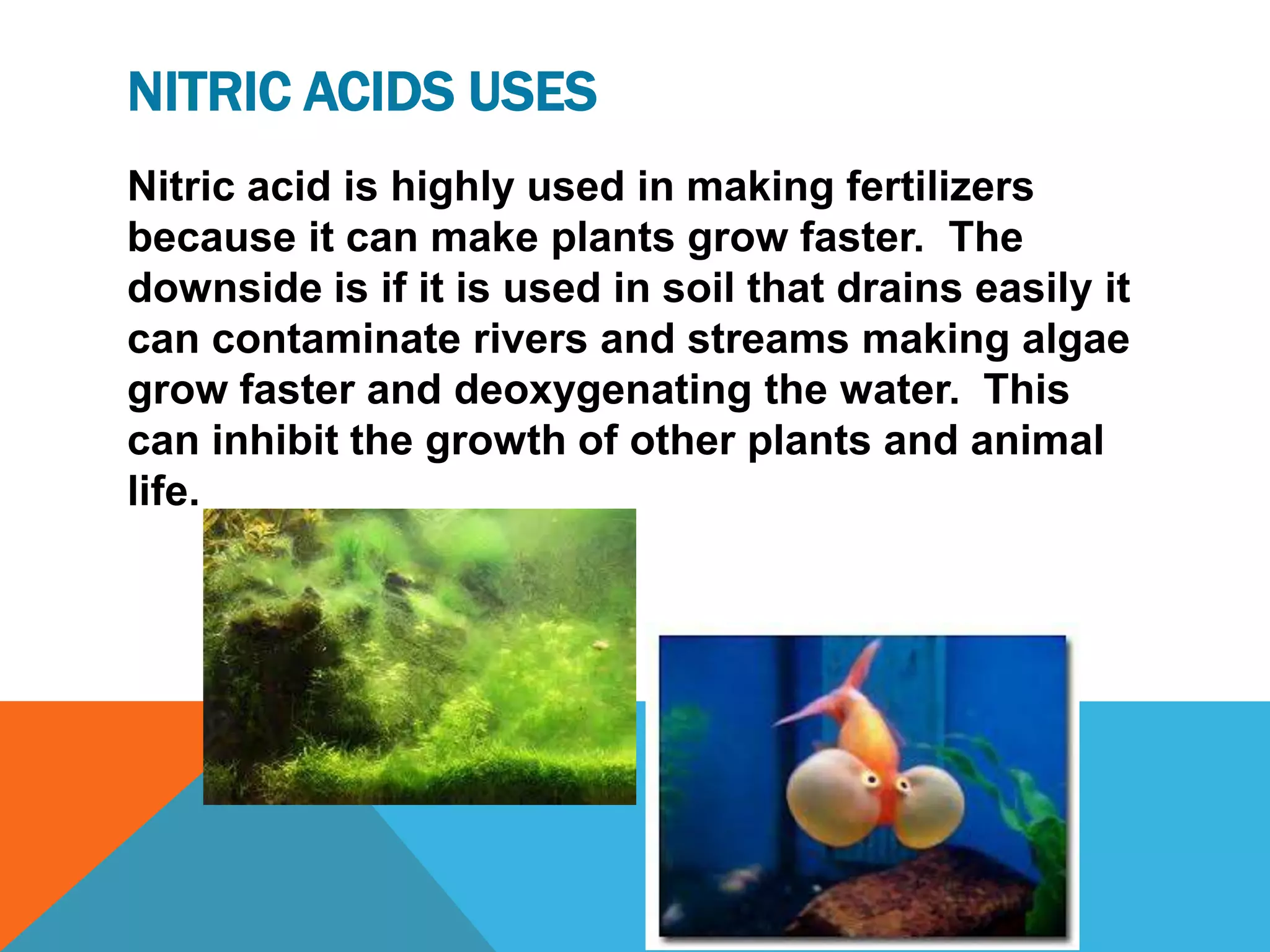 NITRIC ACIDS USES
Nitric acid is highly used in making fertilizers
because it can make plants grow faster. The
downside is if it is used in soil that drains easily it
can contaminate rivers and streams making algae
grow faster and deoxygenating the water. This
can inhibit the growth of other plants and animal
life.
 