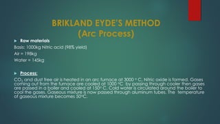 BRIKLAND EYDE’S METHOD
(Arc Process)
 Raw materials
Basis: 1000kg Nitric acid (98% yield)
Air = 198kg
Water = 145kg
 Process:
CO2 and dust free air is heated in an arc furnace at 3000 o C. Nitric oxide is formed. Gases
coming out from the furnace are cooled at 1000 oC by passing through cooler then gases
are passed in a boiler and cooled at 150o C. Cold water is circulated around the boiler to
cool the gases. Gaseous mixture is now passed through aluminum tubes. The temperature
of gaseous mixture becomes 50oC.
 