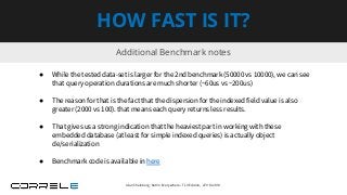 Additional Benchmark notes
HOW FAST IS IT?
● While the tested data-set is larger for the 2nd benchmark (50000 vs 10000), we can see
that query operation durations are much shorter (~60us vs ~200us)
● The reason for that is the fact that the dispersion for the indexed field value is also
greater (2000 vs 100). that means each query returns less results.
● That gives us a strong indication that the heaviest part in working with these
embedded database (at least for simple indexed queries) is actually object
de/serialization
● Benchmark code is available in here
Idan Sheinberg, Kotlin Everywhere - TLV Edition, 27/10/2019
 