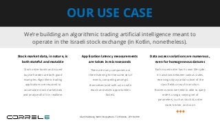 Stock market data, in nature, is
both stateful and mutable
Stock order-books and issued
buy/sell orders are both good
examples. Algorithmic trading
applications are required to
accumulate stock market data
and analyze all of it in realtime.
We’re building an algorithmic trading artiﬁcial intelligence meant to
operate in the Israeli stock exchange (in Kotlin, nonetheless).
OUR USE CASE
Application latency measurements
are taken in microseconds
Data access variations are numerous,
even for homogeneous datums
There are many companies out
there listening for the same set of
events, competing amongst
themselves (and with us) on who
reacts and seizes opportunities
fastest.
Each issued order has its own life-cycle:
it transitions between various states,
receiving only a partial subset of the
class ﬁelds on each transition.
Business-wise, we need to able to query
orders using a varying set of
parameters, such as stock id, order
state, broker, and so on
⇨ ⇨ ⇨
Idan Sheinberg, Kotlin Everywhere - TLV Edition, 27/10/2019
 