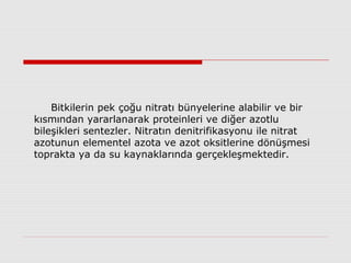 Bitkilerin pek çoğu nitratı bünyelerine alabilir ve bir
kısmından yararlanarak proteinleri ve diğer azotlu
bileşikleri sentezler. Nitratın denitrifikasyonu ile nitrat
azotunun elementel azota ve azot oksitlerine dönüşmesi
toprakta ya da su kaynaklarında gerçekleşmektedir.
 