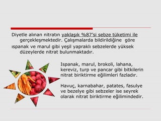 Diyetle alınan nitratın yaklaşık %87’si sebze tüketimi ile
gerçekleşmektedir. Çalışmalarda bildirildiğine göre
ıspanak ve marul gibi yeşil yapraklı sebzelerde yüksek
düzeylerde nitrat bulunmaktadır.
Ispanak, marul, brokoli, lahana,
kereviz, turp ve pancar gibi bitkilerin
nitrat biriktirme eğilimleri fazladır.
Havuç, karnabahar, patates, fasulye
ve bezelye gibi sebzeler ise seyrek
olarak nitrat biriktirme eğilimindedir.
 