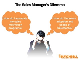 The Sales Manager’s Dilemma


How do I automate           How do I increase
    my sales                  adoption and
   ...