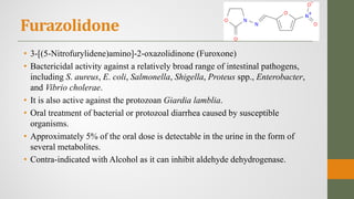 Furazolidone
• 3-[(5-Nitrofurylidene)amino]-2-oxazolidinone (Furoxone)
• Bactericidal activity against a relatively broad range of intestinal pathogens,
including S. aureus, E. coli, Salmonella, Shigella, Proteus spp., Enterobacter,
and Vibrio cholerae.
• It is also active against the protozoan Giardia lamblia.
• Oral treatment of bacterial or protozoal diarrhea caused by susceptible
organisms.
• Approximately 5% of the oral dose is detectable in the urine in the form of
several metabolites.
• Contra-indicated with Alcohol as it can inhibit aldehyde dehydrogenase.
 