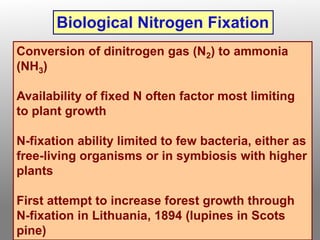 Conversion of dinitrogen gas (N2) to ammonia
(NH3)
Availability of fixed N often factor most limiting
to plant growth
N-fixation ability limited to few bacteria, either as
free-living organisms or in symbiosis with higher
plants
First attempt to increase forest growth through
N-fixation in Lithuania, 1894 (lupines in Scots
pine)
Biological Nitrogen Fixation
 