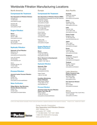 Parker Hannifin Corporation
Gas Separation and Filtration Division
4087 Walden Ave.
Lancaster, NY 14086
T 716 686 6400, F 877 857 3800
1 800 343 4048 (US & Canada)
www.parkern2.com
© 2010, 2017 Parker Hannifin Corporation. Product names are trademarks or registered trademarks of their respective companies.	 Printed in U.S.A. Bulletin N2-R 06/2017
Worldwide Filtration Manufacturing Locations
North America
Compressed Air Treatment
Gas Separation & Filtration Division
Lancaster, NY
716 686 6400
www.parker.com/gsf
Haverhill, MA
978 858 0505
www.parker.com/gsf
Engine Filtration
Racor
Modesto, CA
209 521 7860
www.parker.com/racor
Holly Springs, MS
662 252 2656
www.parker.com/racor
Hydraulic Filtration
Hydraulic & Fuel Filtration
Metamora, OH
419 644 4311
www.parker.com/hydraulicfilter
Laval, QC Canada
450 629 9594
www.parkerfarr.com
Velcon
Colorado Springs, CO
719 531 5855
www.velcon.com
Process Filtration
domnick hunter Process Filtration
SciLog
Oxnard, CA
805 604 3400
www.parker.com/processfiltration
Water Purification
Village Marine, Sea Recovery,
Horizon Reverse Osmosis
Carson, CA
310 637 3400
www.parker.com/watermakers
Europe
Compressed Air Treatment
Gas Separation & Filtration Division EMEA
Gas Generation/Compressed Air and Gas Treatment
Gateshead, England
+44 (0) 191 402 9000
www.parker.com/gsfe
Membrane and Modules
Etten-Leur, Netherlands
+31 76 508 5300
www.parker.com/gsfe
Hiross Zander
Essen, Germany
+49 2054 9340
www.parker.com/gsfe
Padova, Italy
+39 049 9712 111
www.parker.com/gsfe
Engine Filtration &
Water Purification
Racor
Dewsbury, England
+44 (0) 1924 487 000
www.parker.com/rfde
Racor Research & Development
Stuttgart, Germany
+49 (0)711 7071 290-10
Hydraulic Filtration
Hydraulic Filter
Arnhem, Holland
+31 26 3760376
www.parker.com/hfde
Urjala, Finland
+358 20 753 2500
Condition Monitoring
Parker Kittiwake
West Sussex, England
+44 (0) 1903 731 470
www.kittiwake.com
Process Filtration
domnick hunter Process Filtration
Parker Twin Filter BV
Birtley, England
+44 (0) 191 410 5121
www.parker.com/processfiltration
Asia Pacific
Australia
Castle Hill, Australia
+61 2 9634 7777
www.parker.com/australia
China
Shanghai, China
+86 21 5031 2525
www.parker.com/china
India
Chennai, India
+91 22 4391 0700
www.parker.com/india
Parker Fowler
Bangalore, India
+91 80 2783 6794
www.johnfowlerindia.com
Japan
Tokyo, Japan
+81 45 870 1522
www.parker.com/japan
Korea
Hwaseon-City
+82 31 359 0852
www.parker.com/korea
Singapore
Jurong Town, Singapore
+65 6887 6300
www.parker.com/singapore
Thailand
Bangkok, Thailand
+66 2186 7000
www.parker.com/thailand
Latin America
Parker Comercio Ltda.
Filtration Division
Sao Paulo, Brazil
+55 12 4009 3500
www.parker.com/br
Pan American Division
Miami, FL
305 470 8800
www.parker.com/panam
Africa
Aeroport Kempton Park, South Africa
+27 11 9610700
www.parker.com/africa
 