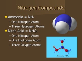 Nitrogen Compounds <ul><li>Ammonia = NH 3 </li></ul><ul><ul><li>One Nitrogen Atom </li></ul></ul><ul><ul><li>Three Hydroge...
