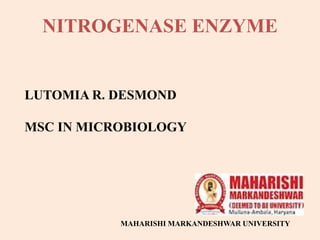 NITROGENASE ENZYME
LUTOMIA R. DESMOND
MSC IN MICROBIOLOGY
MAHARISHI MARKANDESHWAR UNIVERSITY
 