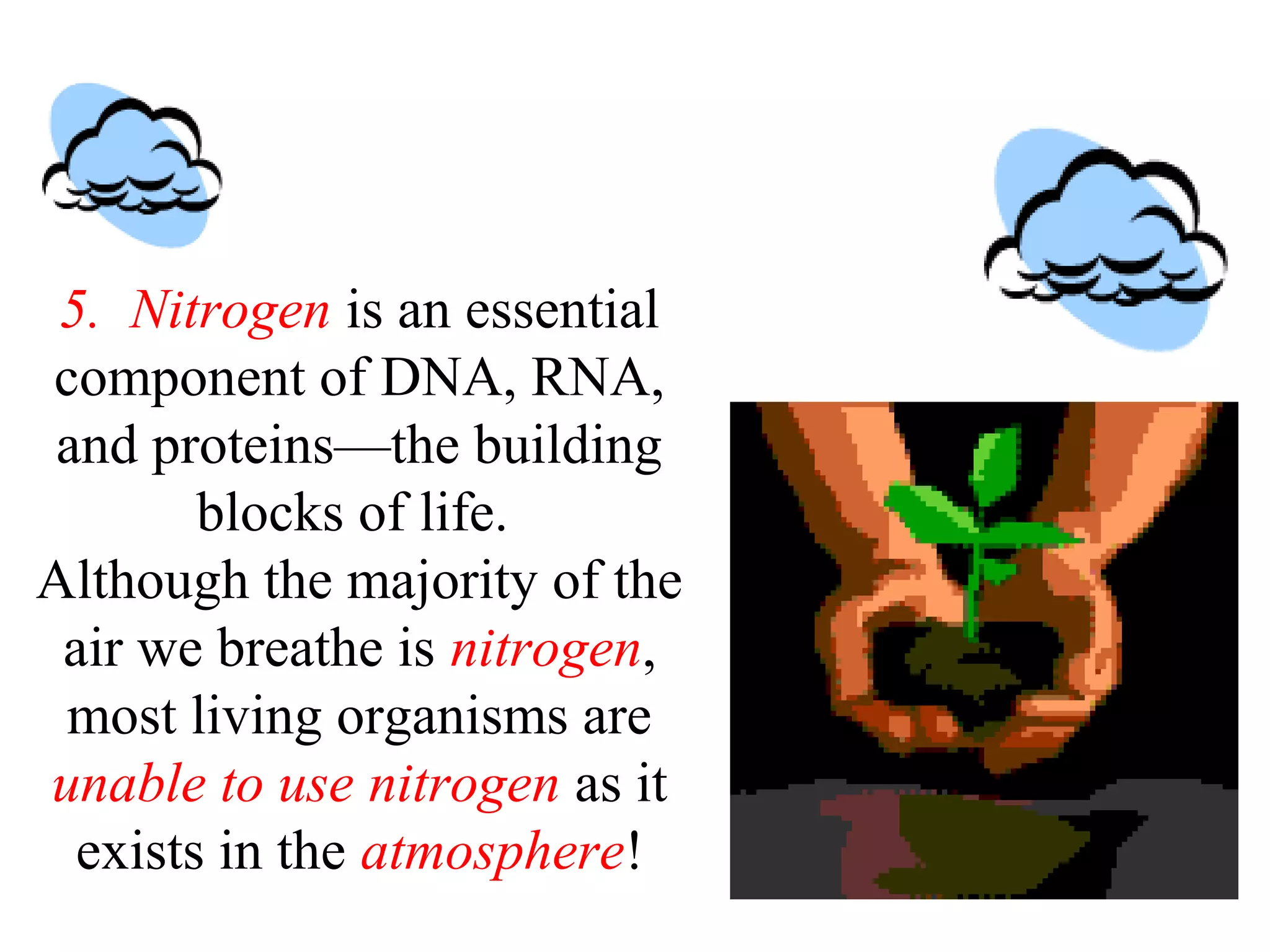 5. Nitrogen is an essential
component of DNA, RNA,
and proteins—the building
blocks of life.
Although the majority of the
air we breathe is nitrogen,
most living organisms are
unable to use nitrogen as it
exists in the atmosphere!

 