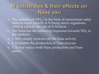  The addition of NH3 ( in the form of ammonium salts)
induces rapid growth of N fixing micro organisms,
while it reduces the rate of N fixation.
 The Nase has the following responses towards NH3 in
the medium
 1. NH3 simply switches off the Nase activity
 2. It inhibits the production of Nase enzyme
 3. It may reduce both Nase production and Nase
action.
 