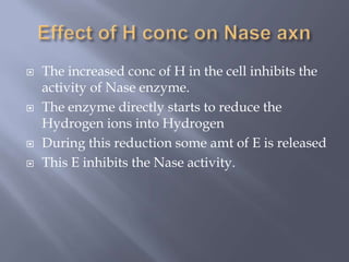  The increased conc of H in the cell inhibits the
activity of Nase enzyme.
 The enzyme directly starts to reduce the
Hydrogen ions into Hydrogen
 During this reduction some amt of E is released
 This E inhibits the Nase activity.
 