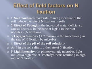  1. Soil moisture:- moderate( ↑ and ↓ moisture of the
soil reduce the rate of N fixation in soil)
 2. Effect of Drought:- the increased water deficiency
causes decrease in the conc of legHb in the root
nodules. (↓N fixation)
 3. Oxygen tension:- ↑ O2 tension in the soil causes ↓ in
the rate of N fixation by microbes.
 4. Effect of the pH of the soil solution:-
 An ↑ in the soil salinity ↓ the rate of N fixation.
 5. Light intensity:- In photosynthetic microbes, light
induces a high rate of Photosynthesis resulting in high
rate of N fixation.
 