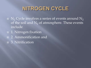  N2 Cycle involves a series of events around N2
of the soil and N2 of atmosphere. These events
include
 1. Nitrogen fixation
 2. Ammonification and
 3. Nitrification
 