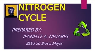 NITROGEN
CYCLE
PREPARED BY:
JEANELLE A. NEVARES
BSEd 2C Biosci Major
 