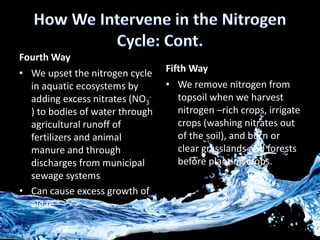 Fourth Way
• We upset the nitrogen cycle
in aquatic ecosystems by
adding excess nitrates (NO3
-
) to bodies of water through
agricultural runoff of
fertilizers and animal
manure and through
discharges from municipal
sewage systems
• Can cause excess growth of
algae
Fifth Way
• We remove nitrogen from
topsoil when we harvest
nitrogen –rich crops, irrigate
crops (washing nitrates out
of the soil), and burn or
clear grasslands and forests
before planting crops.
 