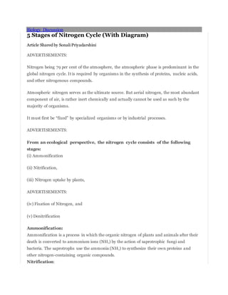 Biology Discussion
5 Stages of Nitrogen Cycle (With Diagram)
Article Shared by Sonali Priyadarshini
ADVERTISEMENTS:
Nitrogen being 79 per cent of the atmosphere, the atmospheric phase is predominant in the
global nitrogen cycle. It is required by organisms in the synthesis of proteins, nucleic acids,
and other nitrogenous compounds.
Atmospheric nitrogen serves as the ultimate source. But aerial nitrogen, the most abundant
component of air, is rather inert chemically and actually cannot be used as such by the
majority of organisms.
It must first be “fixed” by specialized organisms or by industrial processes.
ADVERTISEMENTS:
From an ecological perspective, the nitrogen cycle consists of the following
stages:
(i) Ammonification
(ii) Nitrification,
(iii) Nitrogen uptake by plants,
ADVERTISEMENTS:
(iv) Fixation of Nitrogen, and
(v) Denitrification
Ammonification:
Ammonification is a process in which the organic nitrogen of plants and animals after their
death is converted to ammonium ions (NH4) by the action of saprotrophic fungi and
bacteria. The saprotrophs use the ammonia (NH3) to synthesize their own proteins and
other nitrogen-containing organic compounds.
Nitrification:
 