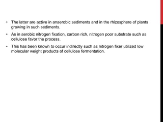 • The latter are active in anaerobic sediments and in the rhizosphere of plants
growing in such sediments.
• As in aerobic nitrogen fixation, carbon rich, nitrogen poor substrate such as
cellulose favor the process.
• This has been known to occur indirectly such as nitrogen fixer utilized low
molecular weight products of cellulose fermentation.
 