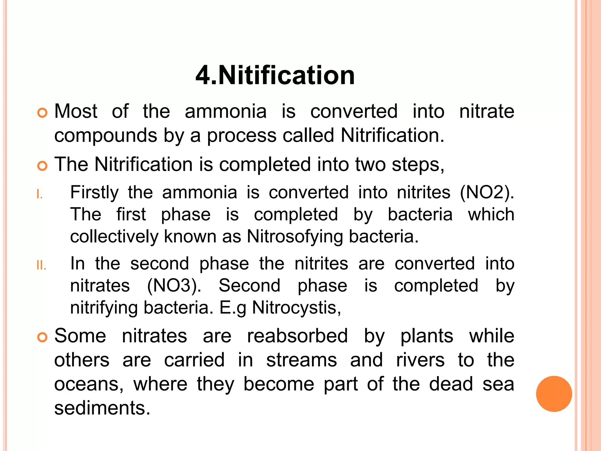 4.Nitification
 Most of the ammonia is converted into nitrate
compounds by a process called Nitrification.
 The Nitrification is completed into two steps,
I. Firstly the ammonia is converted into nitrites (NO2).
The first phase is completed by bacteria which
collectively known as Nitrosofying bacteria.
II. In the second phase the nitrites are converted into
nitrates (NO3). Second phase is completed by
nitrifying bacteria. E.g Nitrocystis,
 Some nitrates are reabsorbed by plants while
others are carried in streams and rivers to the
oceans, where they become part of the dead sea
sediments.
 