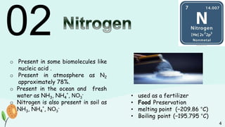 02
o Present in some biomolecules like
nucleic acid .
o Present in atmosphere as N2
approximately 78%.
o Present in the ocean and fresh
water as NH3, NH4
+
, NO3
-
o Nitrogen is also present in soil as
NH3, NH4
+
, NO3
-
• used as a fertilizer
• Food Preservation
• melting point (−209.86 °C)
• Boiling point (−195.795 °C)
4
 