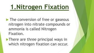 1.Nitrogen Fixation
 The conversion of free or gaseous
nitrogen into nitrate compounds or
ammonia is called Nitrogen
Fixation.
There are three principal ways in
which nitrogen fixation can occur.
 