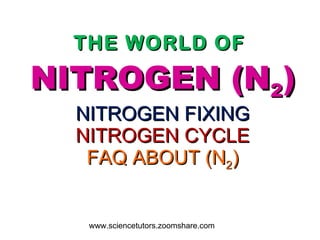 THE WORLD OF  NITROGEN (N 2 ) NITROGEN FIXING NITROGEN CYCLE FAQ ABOUT (N 2 )   www.sciencetutors.zoomshare.com 