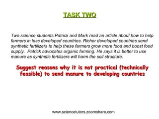 TASK TWO Two science students Patrick and Mark read an article about how to help farmers in less developed countries. Richer developed countries send synthetic fertilizers to help these farmers grow more food and boost food supply.  Patrick advocates organic farming. He says it is better to use manure as synthetic fertilisers will harm the soil structure. Suggest reasons why it is not practical (technically feasible) to send manure to developing countries www.sciencetutors.zoomshare.com 