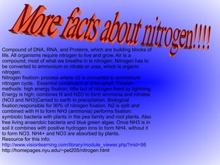 Compound of DNA, RNA, and Proteins, which are building blocks of life. All organisms require nitrogen to live and grow. Air is a compound; most of what we breathe in is nitrogen. Nitrogen has to be converted to ammonium or nitrate or urea, which is organic nitrogen. Nitrogen fixation- process where n2 is converted to ammonium nitrogen cycle.  Essential constituent of chlorophyll. Fixation methods: high energy fixation; little but of nitrogen fixed by lightning. Energy is high; combines N and H2O to form ammonia and nitrates (NO3 and NH3)Carried to earth in precipitation. Biological fixation;responsible for 90% of nitrogen fixation. N2 is split and combined with H to form NH3 (ammonia) performs fixation: symbiotic bacteria with plants in the pea family and root plants. Also free living anaerobic bacteria and blue green algae. Once NH3 is in soil it combines with positive hydrogen ions to form NH4, without it to form NO3. NH4+ and NO3 are absorbed by plants. Resource for this info: http://www.visionlearning.com/library/module_viewer.php?mid=98 http://homepages.nyu.edu/~pet205/nitrogen.html More facts about nitrogen!!!!  