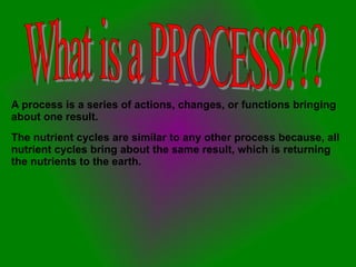 The nutrient cycles are similar to any other process because, all nutrient cycles bring about the same result, which is returning the nutrients to the earth. A process is a series of actions, changes, or functions bringing about one result. What is a PROCESS??? 