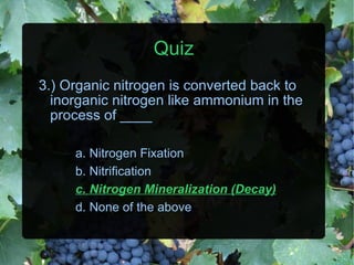Quiz 3.) Organic nitrogen is converted back to inorganic nitrogen like ammonium in the process of ____ a. Nitrogen Fixation b. Nitrification c. Nitrogen Mineralization (Decay) d. None of the above 