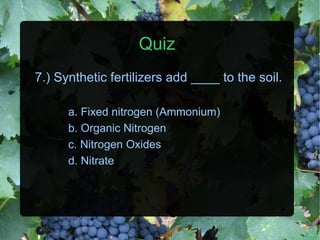 Quiz 7.) Synthetic fertilizers add ____ to the soil. a. Fixed nitrogen (Ammonium) b. Organic Nitrogen c. Nitrogen Oxides d. Nitrate 
