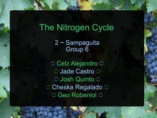 The Nitrogen Cycle 2 ~ Sampaguita Group 6 ۝   Celz Alejandro   ۝ ۝   Jade Castro  ۝ ۝   Josh Quinto   ۝ ۝   Cheska Regalado  ۝ ۝   Geo Robeniol   ۝ 