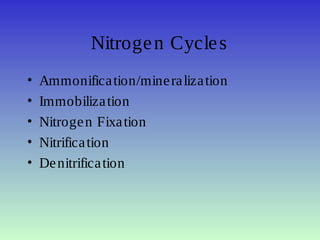 Nitrogen Cycles
• Ammonification/mineralization
• Immobilization
• Nitrogen Fixation
• Nitrification
• Denitrification
 