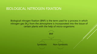 BIOLOGICAL NITROGEN FIXATION
Biological nitrogen fixation (BNF) is the term used for a process in which
nitrogen gas (N2) from the atmosphere is incorporated into the tissue of
certain plants with the help of micro-organisms
BNF
Symbiotic Non-Symbiotic
 