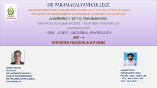 SRI PARAMAKALYANI COLLEGE
(REACCREDITED WITH B GRADE WITH A CGPA OF 2.71 IN THE II CYCLE BY NACC
AFFILIATED TO MANONMANIAM SUNDARANAR UNIVERSITY,THIRUNELVELI)
ALWARKURICHI -627 412 TAMILNADU INDIA.
POSTGRADUATE& RESEARCHCENTER– DEPARTMENTOFMICROBIOLOGY
(GOVERMENTAIDED)
I SEM - CORE – MICROBIAL PHYSIOLOGY
UNIT – 4
NITROGEN FIXATION & NIF GENE
SUBMITTED TO
THE GUIDE
DR.S.VISWANATHAN,PH.D
HEAD OF THE DEPARTMENT
SRI PARAMAKALYANI COLLEGE
ALWARKURICHI.
SUBMITTED BY
M.MOHAMED FAISEL
REG.NO : 20211231516114
I M.SC, MICROBIOLOGY
DATE: 06.12.2021
 