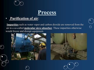 Process
• Purification of air:
Impurities such as water vapor and carbon dioxide are removed from the
air in a so‐called molecular sieve absorber. These impurities otherwise
would freeze and disrupt equipment.
 